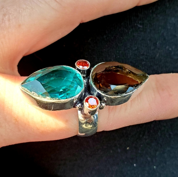 New Stunning Smoky and Green Quartz, Garnet 925 Silver Ring. - Picture 11 of 11